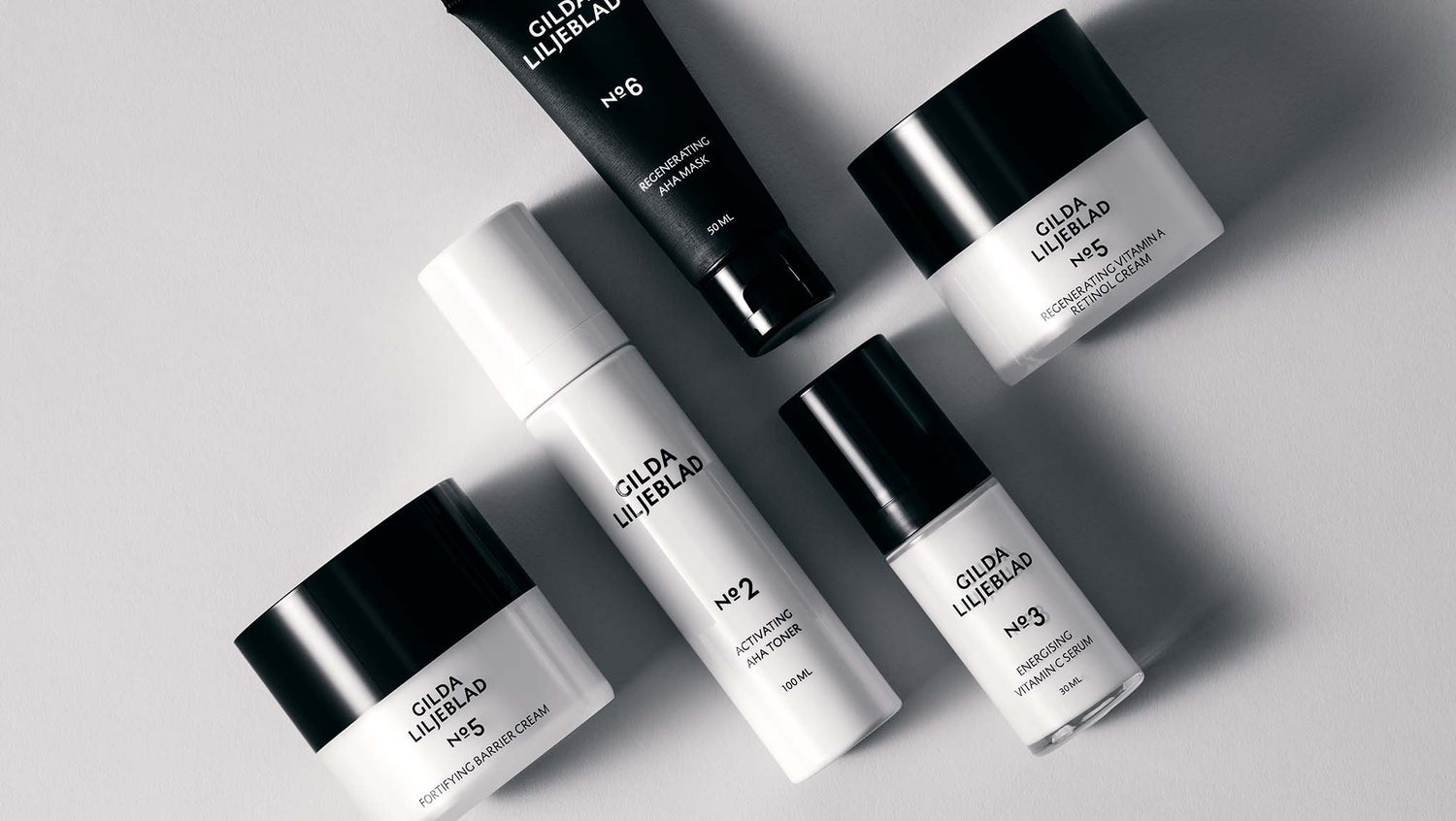 Obrázek produktů péče o pleť, včetně aktivních složek péče o pleť značky Gilda Labeled.